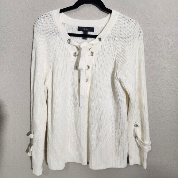 Forever 21 Sweater Womens Medium White Knit Long Sleeve Pullover Grommet Y2K - Picture 1 of 10